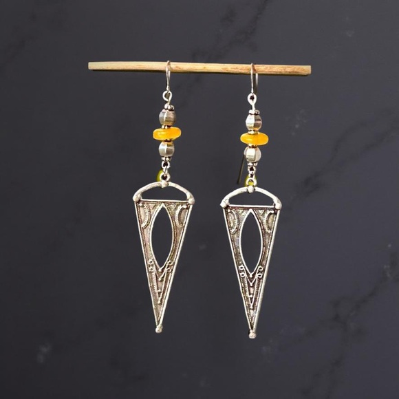 Antique Silver and Yellow glass Geometric Dangle Earrings - Picture 9 of 11